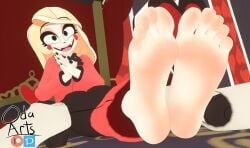 1girl 3d 3d_(artwork) 5_toes bed bedroom big_smile black_eyes black_fingernails blonde_hair_female charlie_morningstar_(hazbin_hotel) excited_expression feet feet_together foot_fetish foot_focus hands_together hazbin_hotel indoors legs_together looking_at_viewer mouth_open oda_arts sitting_on_bed soles_female soles_fetish tagme tuxedo vivziepop white_skinned_female