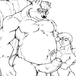 anthro balls belly big_penis duo erection eyewear foreskin genitals glasses hair hand_on_another human long_hair looking_down_at_another male male/male mammal mephitid musclegut muscular navel nude pandottermon penis size_difference skunk skunk_tail smile vein veiny_penis wearing_glasses