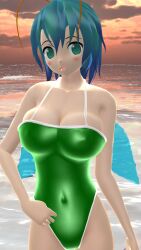 1girls 2023 3d adult_female antennae_(anatomy) beach belly_button blue_eyes blush breasts cleavage clouds firefly green_swimsuit hati_yukkuri_mmd hips insect_wings light-skinned_female looking_at_viewer mmd outdoors short_hair_female sky solo_female solo_focus sunset swimsuit teal_hair touhou waist water wings wriggle_nightbug youkai