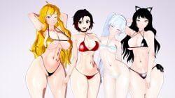 3d 4girls big_breasts bikini bikini_bottom bikini_top black_hair black_hair_female blake_belladonna blonde_female blonde_hair busty cat_ears child_bearing_hips cleavage confident different_breast_sizes faunus half-dressed half_naked half_naked_female large_breasts legs long_hair long_hair_female looking_at_viewer nakadashi_(artist) navel pose posing pubic_hair_peek ruby_rose rwby sensual sexy sexy_armpits sexy_pose thighs thong_bikini toned underboob weiss_schnee white_hair white_hair_female wink yang_xiao_long