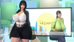 2girls 3d artist_request big_breasts black_hair breasts busty cleavage curvaceous curvy curvy_body curvy_female curvy_figure female gooey3d huge_breasts large_breasts original original_character voluptuous