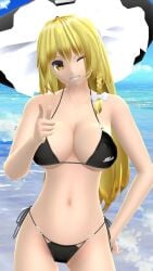 1girls 2023 3d adult_female beach belly_button bikini black_bikini blonde_hair_female blue_sky breasts clavicle cleavage clouds hat hati_yukkuri_mmd hips light-skinned_female long_hair_female looking_at_viewer marisa_kirisame mmd one_arm_up one_eye_closed outdoors pointing_at_viewer sky smiling_at_viewer solo_female solo_focus swimsuit tied_hair touhou waist water white_bowtie winking_at_viewer witch_hat yellow_eyes