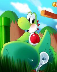 1boy anus ass balls blush filtrandez from_behind huge_ass looking_back male male_only mario_(series) nintendo outdoors solo squatting super_mario_bros. thick_thighs thighs yoshi