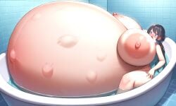 ai_generated aroused bathroom bathtub black_hair blue_eyes fetal_movement full-face_blush gigantic_belly gigantic_breasts heavy_breathing hyper_belly hyper_breasts hyper_pregnancy in_heat long_hair low_twintails lying_on_back partially_submerged pregnant stable_diffusion thick_thighs twintails wide_hips worried