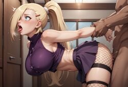 1boy ai_generated arm_grab bent_over blonde_hair blue_eyes boruto:_naruto_next_generations clothed_sex dark-skinned_male doggy_style drooling earrrings erect_nipples erect_nipples_under_clothes female fishnet_armwear fishnets fit fit_female from_behind half_nude helpless high_collar highres ino_yamanaka large_breasts legs_apart moaning muscular_male naruto naruto_(series) naruto_shippuden nude_male open_mouth penetration ponytail purple_skirt qwertart sex sex_from_behind shiny_skin shocked side_view skirt standing_doggy_style standing_sex tagme tongue_out vaginal_penetration wide_hips