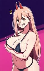 ai_generated bikini breasts chainsaw_man cum cum_on_body cum_on_breasts cum_on_face curvy curvy_figure huge_breasts micro_bikini pixelsin power_(chainsaw_man)