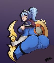 ass big_ass big_breasts blue_hair bodysuit breasts cameltoe clothing dota dota_2 eduuux female female_only hair large_ass large_breasts luna_(dota) melee_weapon skin_tight solo thick_thighs tight_clothing video_games watermark