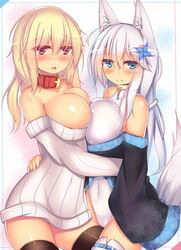 2girls animal_ears bare_shoulders beige_skin black_legwear blonde_hair blue_eyes breast_press breasts bursting_breasts cleavage collar covered_navel female female_only fur furry_ears furry_tail hair kubiwa_(kutan) kutan large_breasts light_smile long_hair looking_at_viewer mizu_aoi mizuki_(kutan) multiple_females original parted_lips pink_eyes ribbed_sweater shiny shiny_clothes shiny_skin sweater symmetrical_docking tail thighhighs uncensored white_fur white_hair white_legwear zettai_ryouiki