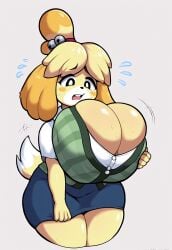 1girls ai_generated alternate_breast_size animal_crossing big_breasts breast_expansion breasts canine cleavage female fully_clothed furry gigantic_breasts huge_breasts isabelle_(animal_crossing) large_breasts looking_down nai_diffusion nintendo shortstack solo stable_diffusion thick_thighs worried worried_expression yellow_body
