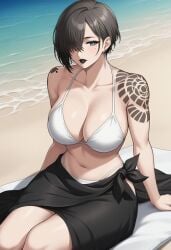 akeha beach bikini black_hair black_skirt female hair_between_eyes large_breasts looking_at_viewer mature_female nier_(series) nier_reincarnation pale-skinned_female pale_skin shoulder_tattoo sitting