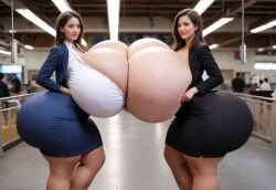 2girls ai_generated ass bent_over blurry blurry_background breast_press breasts brown_eyes brown_hair ceiling_light cleavage gigantic_breasts huge_ass indoors jacket jewelry juiceshopai lips long_hair looking_at_viewer looking_back multiple_girls necklace office_lady pencil_skirt realistic shirt skirt smile symmetrical_docking thick_thighs thighs white_shirt