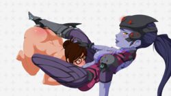 2girls all_fours ass blush breasts brown_eyes brown_hair chubby cunnilingus curvy dizzy earring female female_only glasses hair_bun hairpin holding_head kikoshou lesbian looking_at_viewer mei_(overwatch) multiple_girls naked nipples oral overwatch purple_hair spanked spread_legs tagme thick_thighs widowmaker yellow_eyes yuri