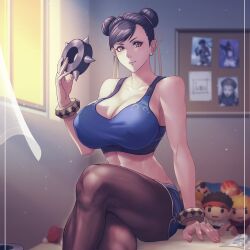 1girls bracelet breasts brown_eyes brown_hair capcom chun-li covered_erect_nipples crossed_legs dhalsim dolphin_shorts double_bun female guile hair_bun hair_pulled_back highres jewelry ken_masters large_breasts looking_at_viewer mature_female midriff milf pantyhose ryu_(street_fighter) short_hair shorts sitting smile spiked_bracelet spikes sports_bra street_fighter street_fighter_6 stuffed_toy thick_thighs thighs tomo_eokaiteru toned voluptuous zangief