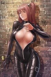 1girls against_wall artist_name big_breasts black_bodysuit bodysuit breasts center_opening cleavage dead_or_alive embarrassed english_text female female_focus hair_ornament highres honoka_(doa) large_breasts latex latex_clothing latex_suit long_hair looking_at_viewer matching_hair/eyes no_bra parted_lips pink_eyes pink_hair revealing_clothes shy side_ponytail solo teeth tomo_eokaiteru unzipped upper_teeth_only voluptuous