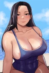 1girls 2024 abs absurd_res areola_slip areolae artist_name athletic_female beach belly_button belly_button_visible_through_clothing big_breasts black_hair blue_clothing blush blushing_at_viewer breasts busty cleavage clothed clothed_female clothing collarbone curvaceous curvy erect_nipples eyelashes fat_breasts female fit_female flat_belly front_view grey_eyes gud0c hair hi_res hourglass_figure human large_breasts legs_together light-skinned_female light_skin long_hair looking_at_viewer milf momo_yaoyorozu my_hero_academia navel navel_visible_through_clothes nipple_bulge nipples one-piece_swimsuit open_mouth outdoors signature sitting six_pack skin_tight smile solo stomach swimsuit thick_thighs thighs veiny_breasts voluptuous wide_hips