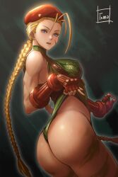 artist_name ass bare_shoulders beret big_breasts blue_eyes braid braided_ponytail breasts cammy_white covered_erect_nipples cowboy_shot female from_behind green_leotard hat large_breasts leotard leotard_pull red_hat scar scar_on_face sideboob smile solo street_fighter teasing thick_ass thong_leotard tomo_eokaiteru