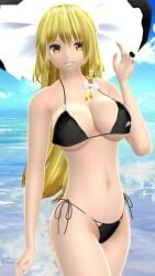 1girls 2023 3d beach belly_button bikini black_bikini blonde_hair_female blue_sky breasts cleavage clouds hat hati_yukkuri_mmd headwear human light-skinned_female long_hair_female looking_at_viewer marisa_kirisame mmd one_arm_up one_finger_up outdoors sky smiling_at_viewer solo_female solo_focus swimsuit tied_hair touhou waist water white_bowtie witch_hat yellow_eyes