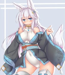 animal_ears blue_eyes blush breasts female fox_ears hair_ornament japanese_clothes kimono kutan leotard long_hair mizu_aoi mizuki_(kutan) off_shoulder original silver_hair smile solo tail thighhighs