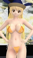 1girls 2023 3d belly_button bikini blonde_hair_female breasts brown_eyes clavicle cleavage deity god hands_on_hips hat hati_yukkuri_mmd headwear hips light-skinned_female long_hair_female looking_at_viewer mmd okina_matara open_mouth solo_female solo_focus swimsuit touhou waist yellow_bikini