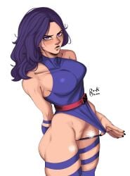 dorkbum leotard leotard_pull long_hair psylocke purple_eyes purple_hair pussy thick_thighs thighs x-men