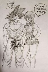 1boy 1girls baggy_clothes big_ass big_breasts black_and_white bulma_briefs clenched_hands clothed clueless crotch crotch_rub dragon_ball dragon_ball_z drawing english_text eye_contact hand_in_pants monochrome muscular muscular_male pencil_(artwork) rubbing scan sketch smile son_goku speech_bubble straight suggestive tagme