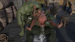 anal anal_sex antaresmultiverse bodily_fluids cum cum_covered duo fangs gay gay_sex genital_fluids green-skinned_male green_skin group hi_res human human_male humanoid lactating light-skinned_male light_skin male male/male male_lactation mammal messy orc orc_male penetration pointy_ears pregnant pregnant_male size_difference teeth trio