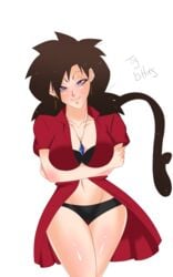 1girls 2016 artist_request big_breasts black_bra black_panties bra breasts brown_hair crystal dragon_ball dragon_ball_xenoverse dragon_ball_z english_text fan_character female female_focus female_only female_saiyan light-skinned_female light_skin mole necklace oc original_character panties purple_eyes red_shirt saiyan saiyan_tail shirt smile source_request tagme tail text thighs transparent_background xenoverse_protagonist