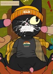 absurd_res anal anthro beanie bodily_fluids braces braces_cat bukkake clothing cum cum_in_mouth cum_inside cum_on_braces cum_on_face domestic_cat english_text faceless_character felid feline felis fishing_rod flaccid flannel_shirt from_front_position gameplay_mechanics gay genital_fluids genitals group hat headgear headwear hi_res humanoid_genitalia humanoid_penis lying male mammal missionary_position nightcorelights on_back one_eye_closed pawpads penis presenting_teeth print_clothing print_shirt print_t-shirt print_topwear sex shirt solo_focus spread_legs spreading t-shirt text topwear webfishing