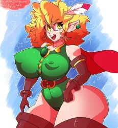 1girls areola_bulge blonde_hair cygnussanguine elf leotard nipple_bulge original original_character pointy_ears thick_thighs wide_hips