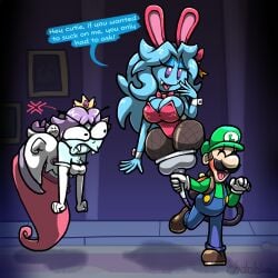 1boy 2girls angry ass_focus big_breasts blue_skin blush boo_(mario) bunny_ears bunnysuit chabble cleavage clothed fangs female ghost ghost_girl ghost_tail harriet_(harry_amoros) huge_ass huge_breasts jealous luigi luigi's_mansion male mario_(series) no_bra playboy_bunny poltergust princess_daisy purple_hair stuck super_mario_bros. teasing text