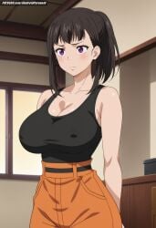 1girls ai_generated aindroidparanoid big_breasts black_hair breasts cleavage curvy_figure enen_no_shouboutai female female_only fire_force hips huge_breasts human indoors large_breasts long_hair narrow_waist nipples oze_maki purple_eyes soldier solo stable_diffusion tank_top wet wide_hips