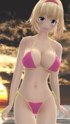 1girls 2023 3d adult_female alice_margatroid beach belly_button bending bikini blonde_hair_female blue_eyes blush breasts clavicle cleavage clouds hati_yukkuri_mmd headband hips human light-skinned_female looking_at_viewer mmd open_mouth outdoors pink_bikini short_hair_female sky solo_female solo_focus sunset swimsuit touhou waist water