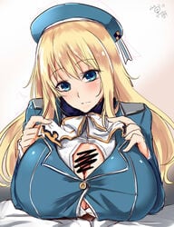 1boy admiral_(kantai_collection) atago_(kantai_collection) beret blonde_hair blue_eyes blush bow bowtie breasts censored female hair hat head_tilt headgear huge_breasts kantai_collection long_hair long_sleeves looking_at_viewer military military_uniform no_gloves otogi_(s_in_w) paizuri paizuri_under_clothes pov_crotch smile solo_focus uniform upper_body white_bow white_bowtie