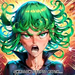 ai_generated angry_face blush cum_in_mouth green_eyes humiliation insult mouthful noctzurn one-punch_man open_mouth small_breasts smaller_female tatsumaki text tsundere