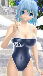 1girls 2023 3d adult_female belly_button blue_bowtie blue_eyes blue_hair_female blue_swimsuit breasts cirno cleavage dark_blue_swimsuit fairy garden hati_yukkuri_mmd looking_at_viewer mmd one_arm_up outdoors peace_sign smiling_at_viewer solo_female solo_focus swimsuit touhou wings