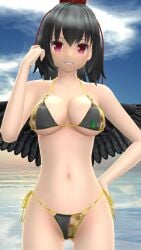 1girls 2023 3d beach belly_button bikini black_hair_female blue_sky breasts cleavage clouds hand_on_hair hand_on_hip hat hati_yukkuri_mmd headwear light-skinned_female looking_at_viewer mmd one_arm_up outdoors red_eyes shameimaru_aya short_hair_female sky smiling_at_viewer solo_female solo_focus sunset swimsuit tengu tokin_hat touhou waist water