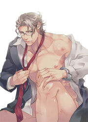 1boy abs bara bottomless dirty glasses handcuffs male male_only muscle muscles pecs sakiraryo silver_hair smile solo tagme teacher undressing