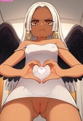 1girl 3d ai_generated angry black_wings cameltoe dark-skinned_female female female_only heart_hands innie_pussy one_piece s-snake_(one_piece) scandalousai seraphim_(one_piece) shortstack white_hair wings