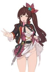 breasts brown_hair cleavage condom condom_in_mouth diantha_(granblue_fantasy) female granblue_fantasy hair_ribbon hanarito long_hair mouth_hold panties ribbon side_ponytail skirt skirt_lift solo underwear used_condom v