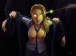 1girls 2d ambiguous_gender areolae arm_grab blonde_hair breasts breasts_out buttons collar_shirt color dark_room drooling earrings fantasy female_focus forced forced_exposure front_view glowing glowing_eyes hair hand harry_potter holding_object human human_only imperius_curse light-skinned_female light_skin long_hair luna_lovegood magic mind_control necktie neckwear neverm1nd nipples no_bra no_underwear open_clothes open_robe open_shirt piercing robe saliva school_uniform schoolgirl skirt solo_focus standing student tie unbuttoned unbuttoned_shirt uniform wand white_clothing white_shirt witch