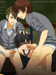 3boys bottomless classroom erection evil_grin forced hand_on_head knee3 multiple_boys penis school school_uniform smile student teeth undressing yaoi