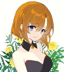 07th_expansion 2023 angel_mort_uniform blue_eyes blush breasts cute female female_focus female_only flower flowers higurashi_no_naku_koro_ni looking_at_viewer open_mouth orange_eyes pixiv ryuuguu_rena simple_background suzuragi_karin