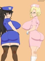 ass_visible_through_clothes big_ass big_breasts blonde_hair brown_hair bubble_butt cop cosplay glasses glynda_goodwitch hair_bun looking_at_viewer milf nurse police policewoman ponytail raven_branwen rwby teacher thighhighs tkb_nsfw