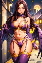 ai_generated big_breasts breasts brown_hair brunette brunette_hair busty busty_female cana_alberona city fairy_tail full_moon halloween halloween_theme hip_wings hungry large_breasts leather moon navel night night_sky purple_eyes seductive seductive_gaze seductive_smile stockings succubus thirsty toongenai town transformation voluptuous wings witch