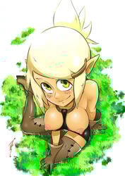 ankama areolae between_breasts blonde_hair blush boots breasts breasts_out clothes_between_breasts cra elf evangelyne female female_only footwear freckles gloves grass green_eyes hairclip highres humanoid large_breasts looking_at_viewer looking_up nipples on_ground perky_breasts perspective pointy_ears ponytail puffy_nipples short_hair sitting smile solo steel_core thigh_boots thighhighs wakfu