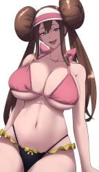 :d absurdres arms_at_sides bare_arms bare_shoulders bikini black_bikini_bottom blue_eyes bow breasts brown_hair cleavage closed_mouth double_bun doughnut_hair_bun female frilled_bikini_bottom frills groin hair_bun highres large_breasts long_hair looking_at_viewer midriff navel pink_bikini pink_bow pokemon rosa_(pokemon) shiny_skin shou_illust simple_background skindentation smile solo stomach swimsuit twintails underboob visor_cap white_background