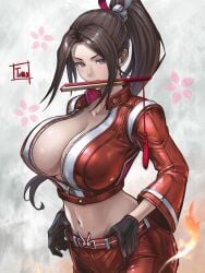 1girls absurdres alternate_costume artist_name belt big_breasts black_gloves breast_zipper breasts brown_hair cleavage commentary covered_erect_nipples cowboy_shot crop_top cropped_jacket fatal_fury fatal_fury:_city_of_the_wolves female folded_fan folding_fan gloves grey_eyes hand_fan high_ponytail highres holding holding_fan inner_sideboob jumpsuit king_of_fighters large_breasts leather leather_pants mai_shiranui mai_shiranui_(city_of_the_wolves) navel no_bra object_in_mouth official_alternate_costume pants ponytail red_belt red_jumpsuit revealing_clothes sidelocks snk solo tomo_eokaiteru wide_sleeves zipper zipper_pull_tab