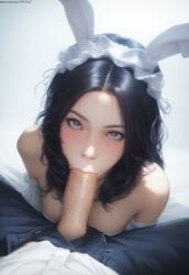 :>= ahe_gao ai_generated bare_shoulders big_penis black_hair blowjob blue_eyes blush bunny_ears clothed clothed_sex clothing dress fellatio long_hair looking_at_another looking_at_partner looking_up nai_diffusion oral original original_character parted_bangs penis penis_through_underwear pov pubic_hair pujopg simple_background sucking sucking_penis white_dress