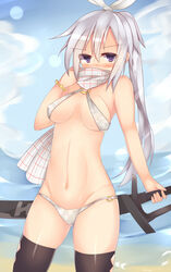 beach bikini blush covered_nipples erect_nipples female kutan long_hair lowleg phantasy_star phantasy_star_online_2 ponytail purple_eyes scarf solo swimsuit sword thighhighs tied_hair weapon white_hair