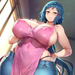 1girls ai_generated apron areola_slip areolae black_panties blue_hair blush breasts covered_nipples denim gigantic_breasts green_eyes gundam gundam_build_fighters highleg highleg_panties huge_breasts iori_rinko jeans long_hair looking_at_viewer mature mature_female naked_apron panties pants puffy_nipples smile solo thick_thighs thighs thong underwear very_long_hair